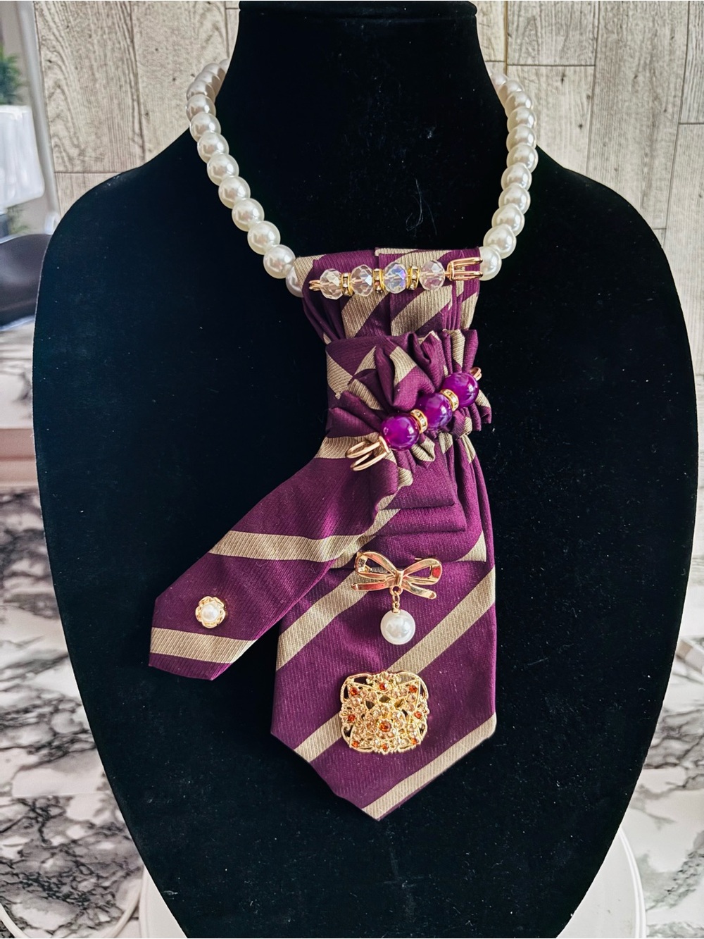 Statement Pearl Necklace with Purple & Gold Accent Scarf